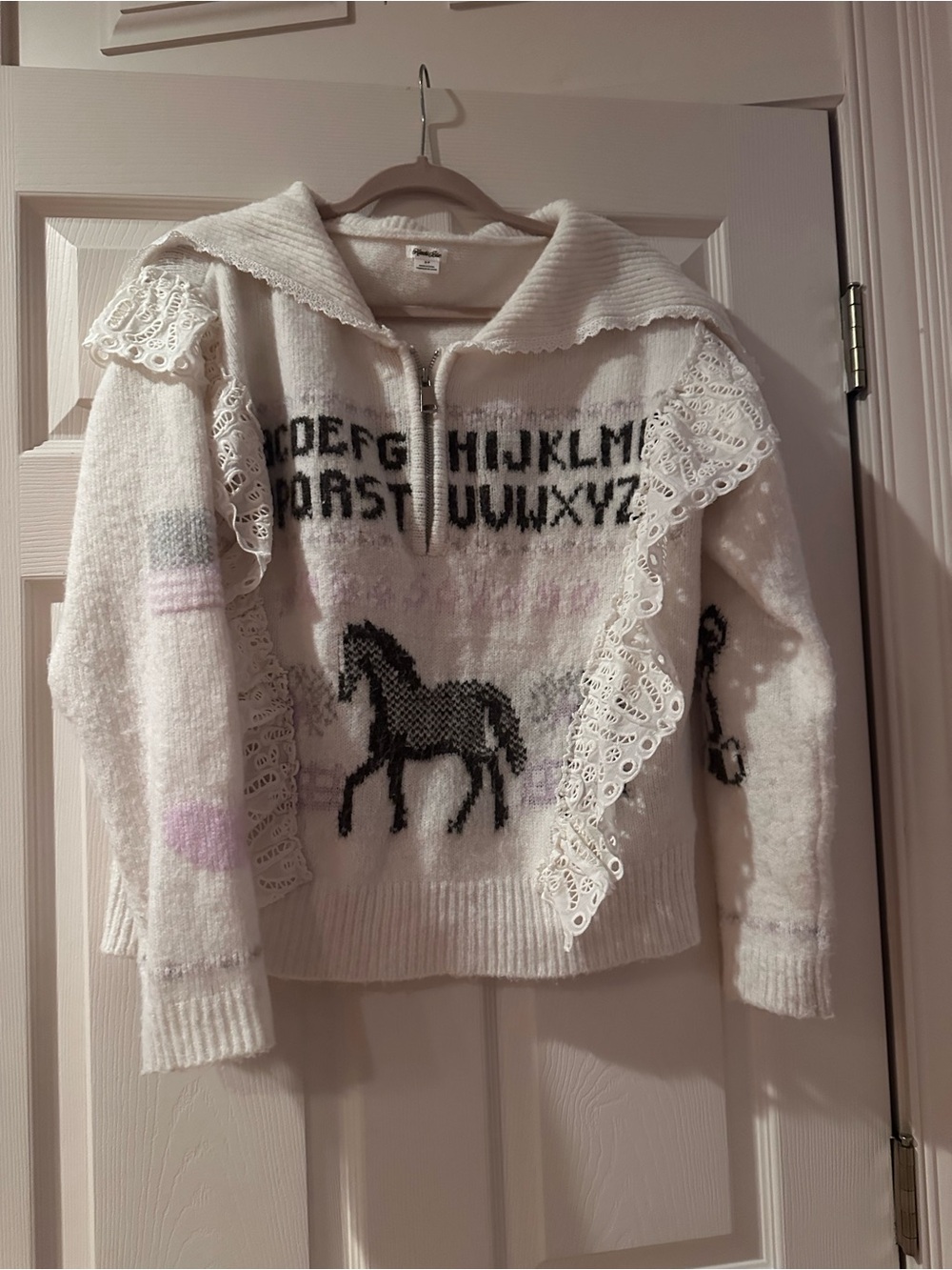 Urban Outfitters White Knit Lace-Trim Sweater with Black Horse Motif
